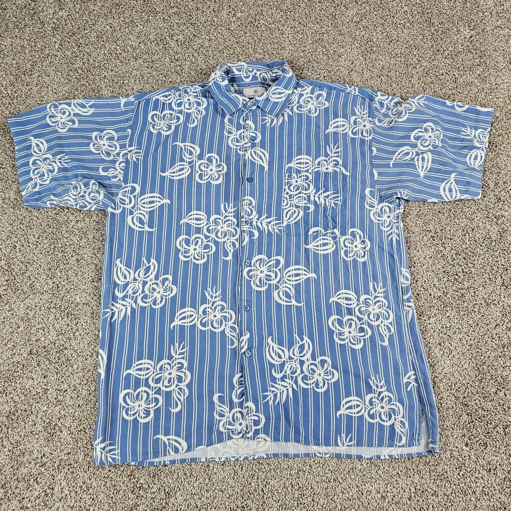 Bobby Chan Shirt Mens Large Blue Floral Hawaiian Silk Bamboo Striped Beach Camp